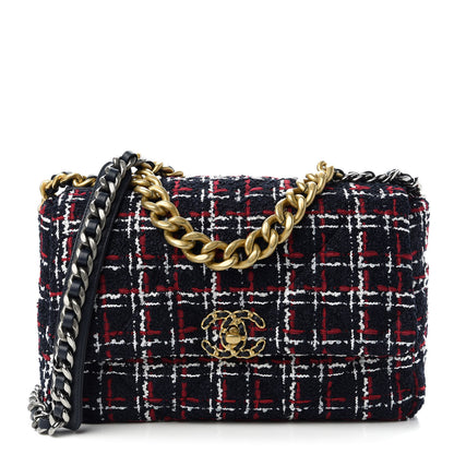Chanel Tweed Quilted Large Chanel 19 Flap Navy Blue White Red 1 of 10