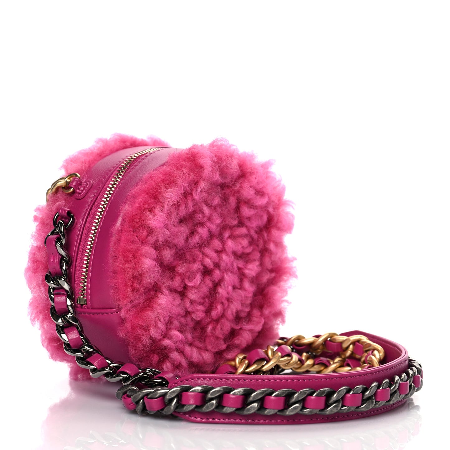 Shearling Sheepskin Chanel 19 Round Clutch With Chain Dark Pink