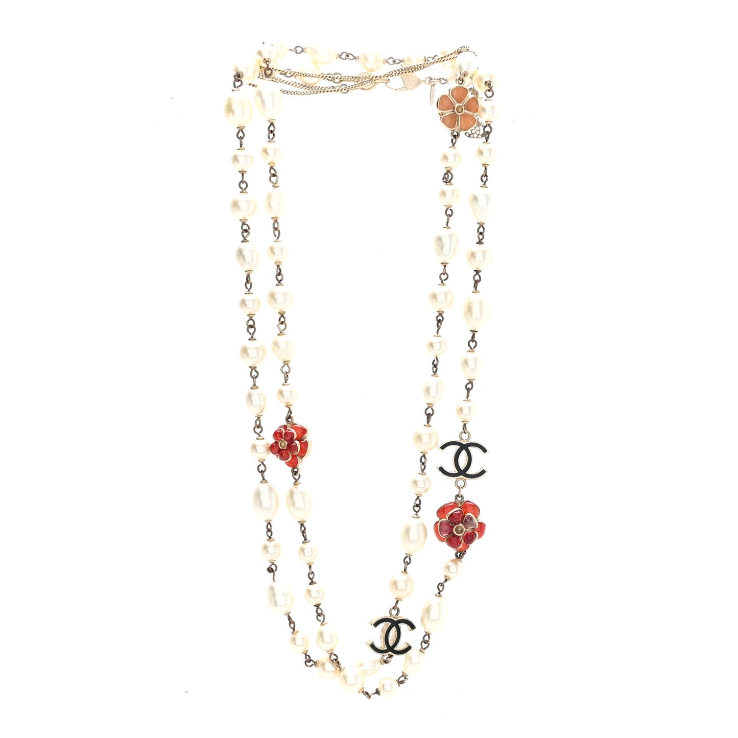 Pearl Enamel CC Camellia Long Necklace Black Red Gold