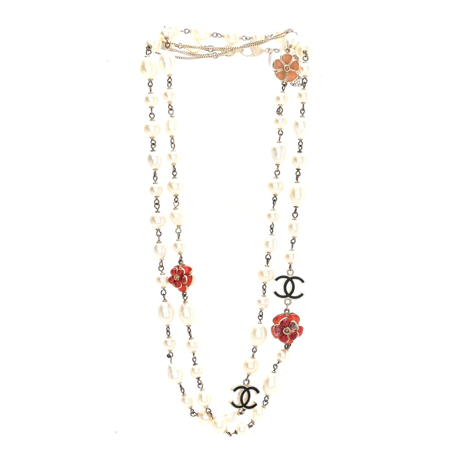 Chanel Pearl Enamel CC Camellia Long Necklace Black Red Gold 3 of 6