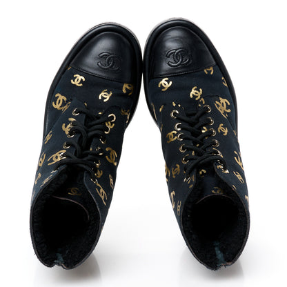 Chanel Lambskin Shearling Canvas CC Lace Up Boots 38.5 Black Gold 5 of 8