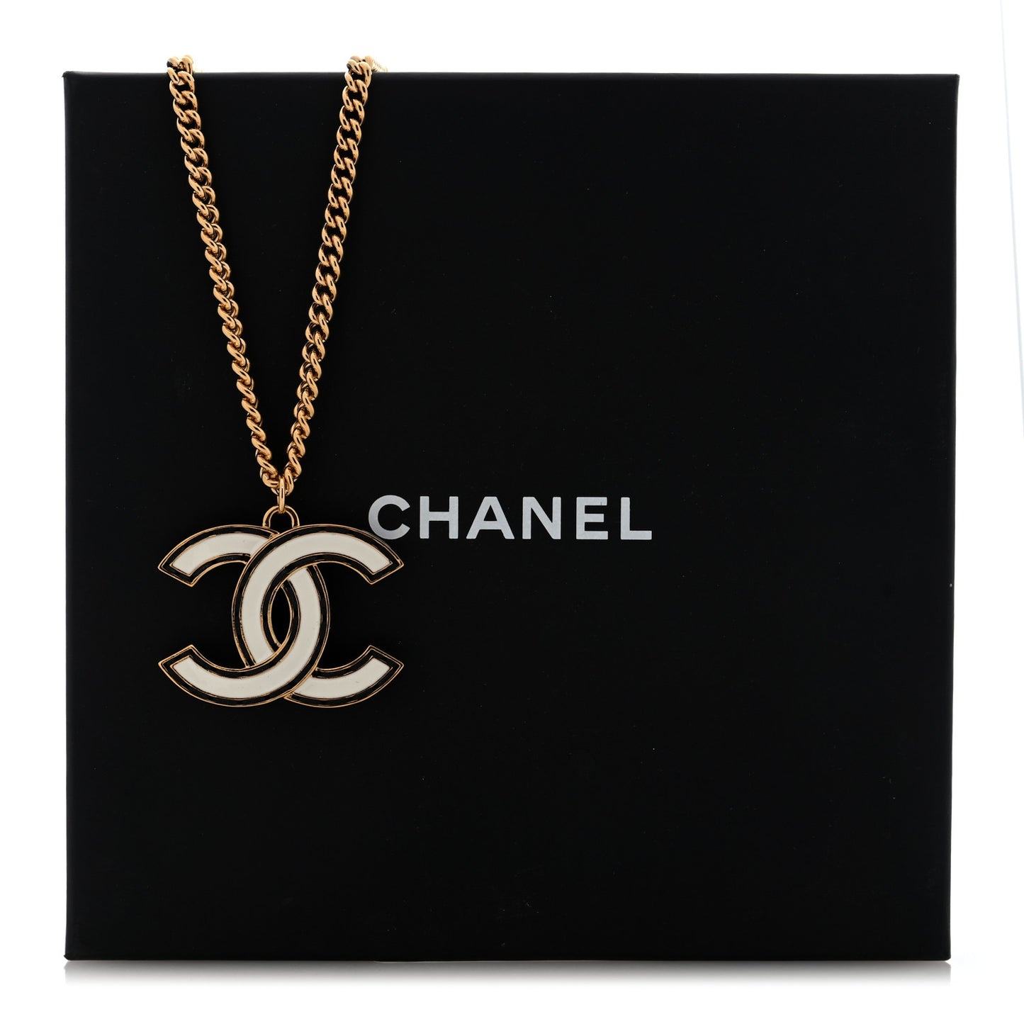 Metal Enamel CC Chain Necklace Gold White Black
