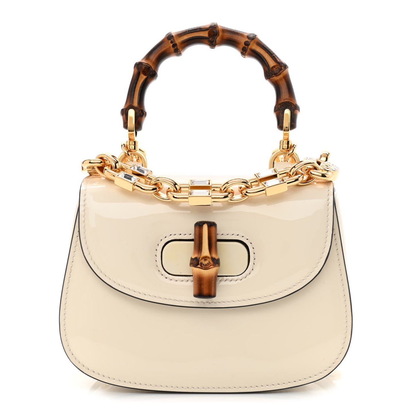 Patent Crystal Mini Bamboo 1947 Top Handle Chain Bag White