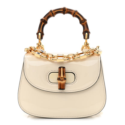 Gucci Patent Crystal Mini Bamboo 1947 Top Handle Chain Bag White 1 of 12
