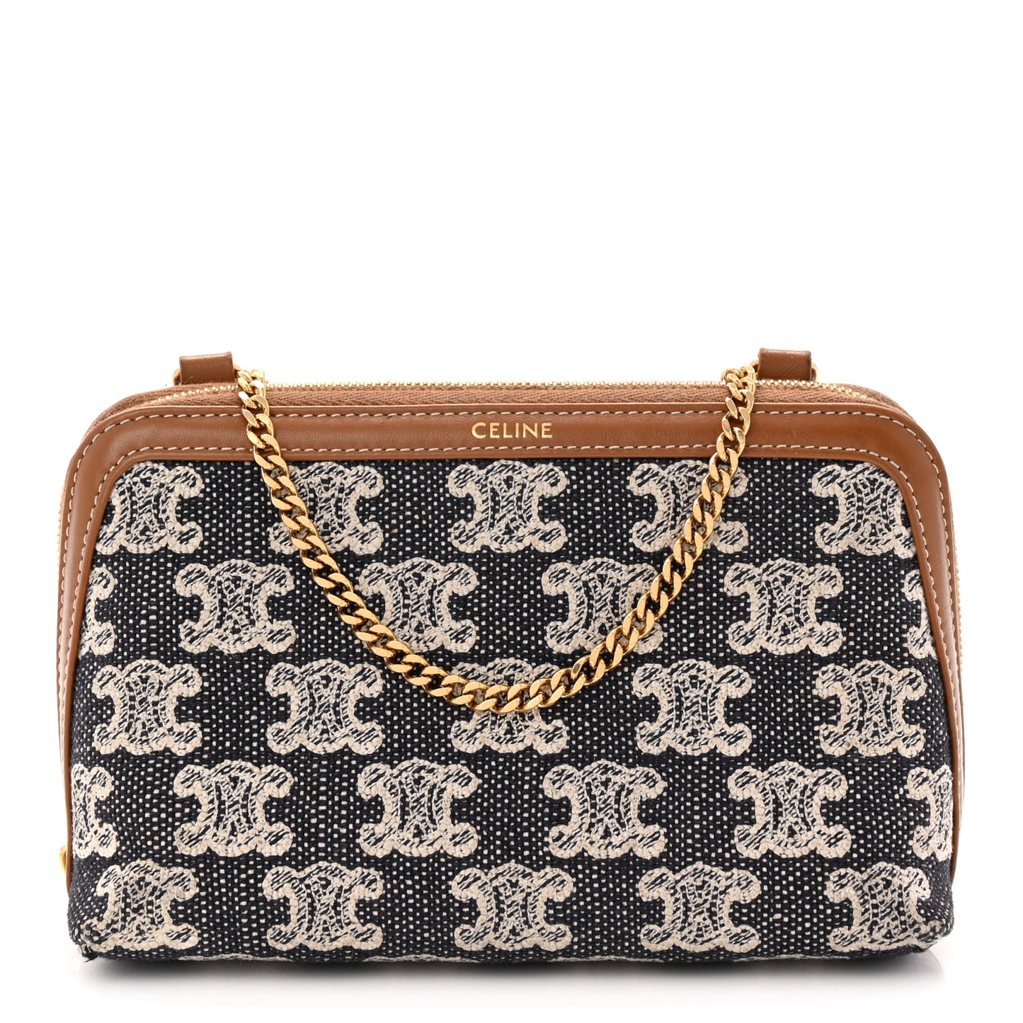 Canvas Calfskin Triomphe Embroidered Clutch On Chain Navy Blue