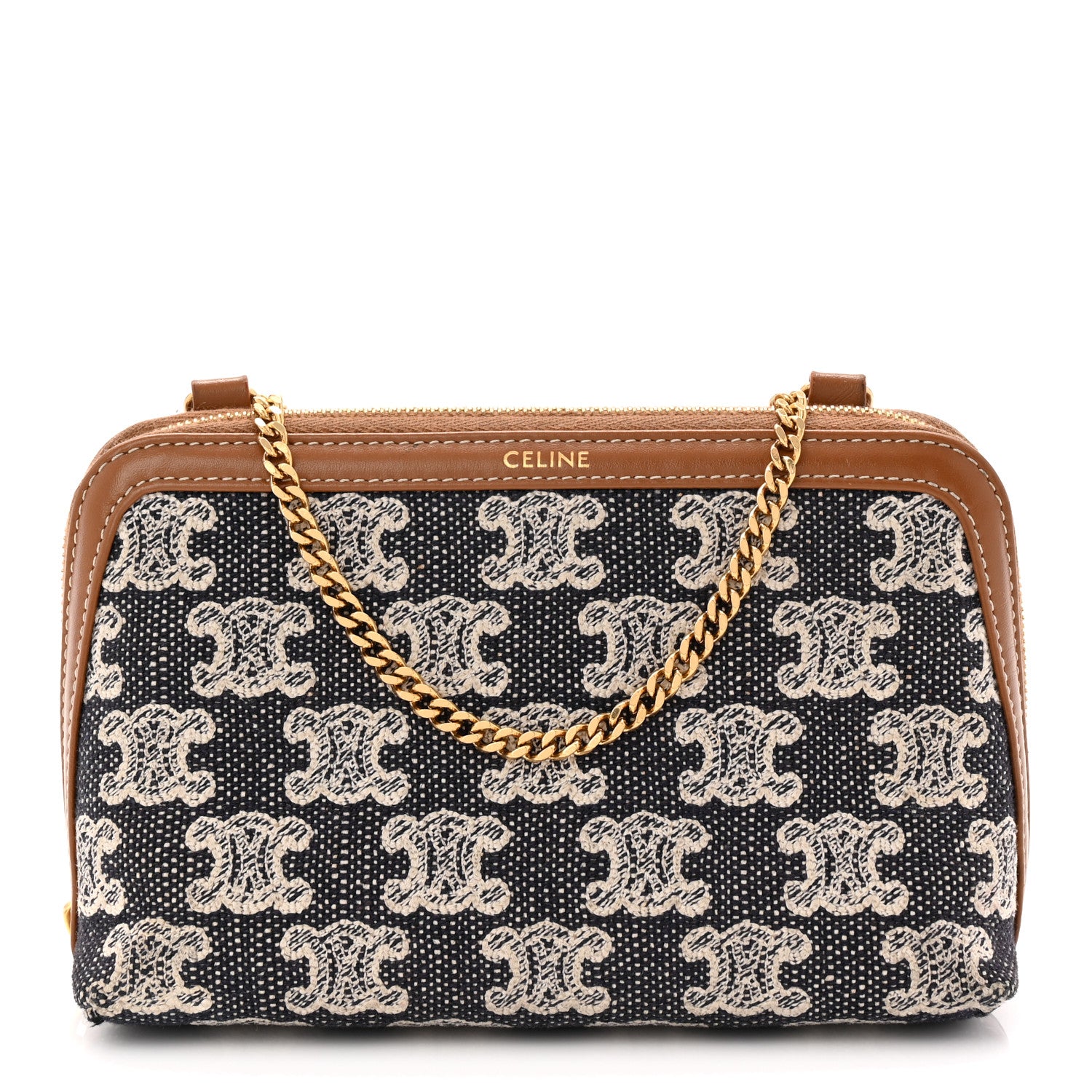 Celine Canvas Calfskin Triomphe Embroidered Clutch On Chain Navy Blue 1 of 11