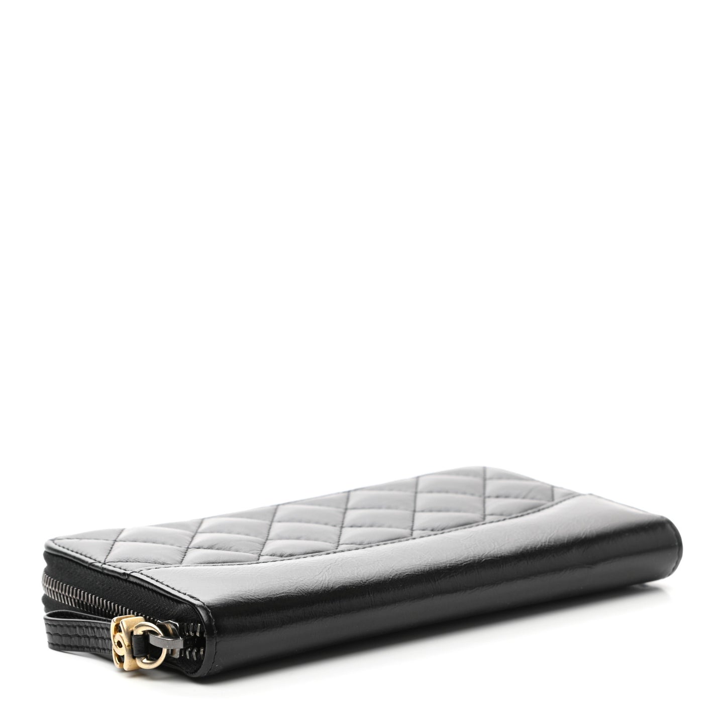 Aged Calfskin Quilted Large Gabrielle Zip Around Wallet Black