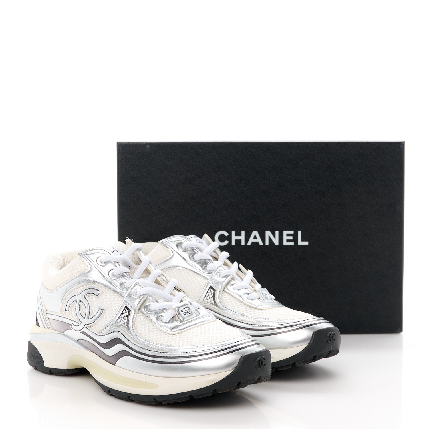 Chanel Fabric Laminated Calfskin Stretch CC Womens Sneakers 38 White Silver 9 of 9
