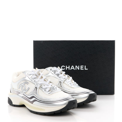 Chanel Fabric Laminated Calfskin Stretch CC Womens Sneakers 38 White Silver 9 of 9