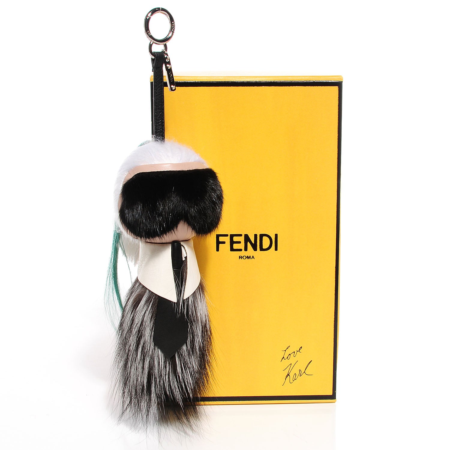 Fendi Fox Mink Goat Fur Karlito Bag Charm Black White Verde 6 of 6