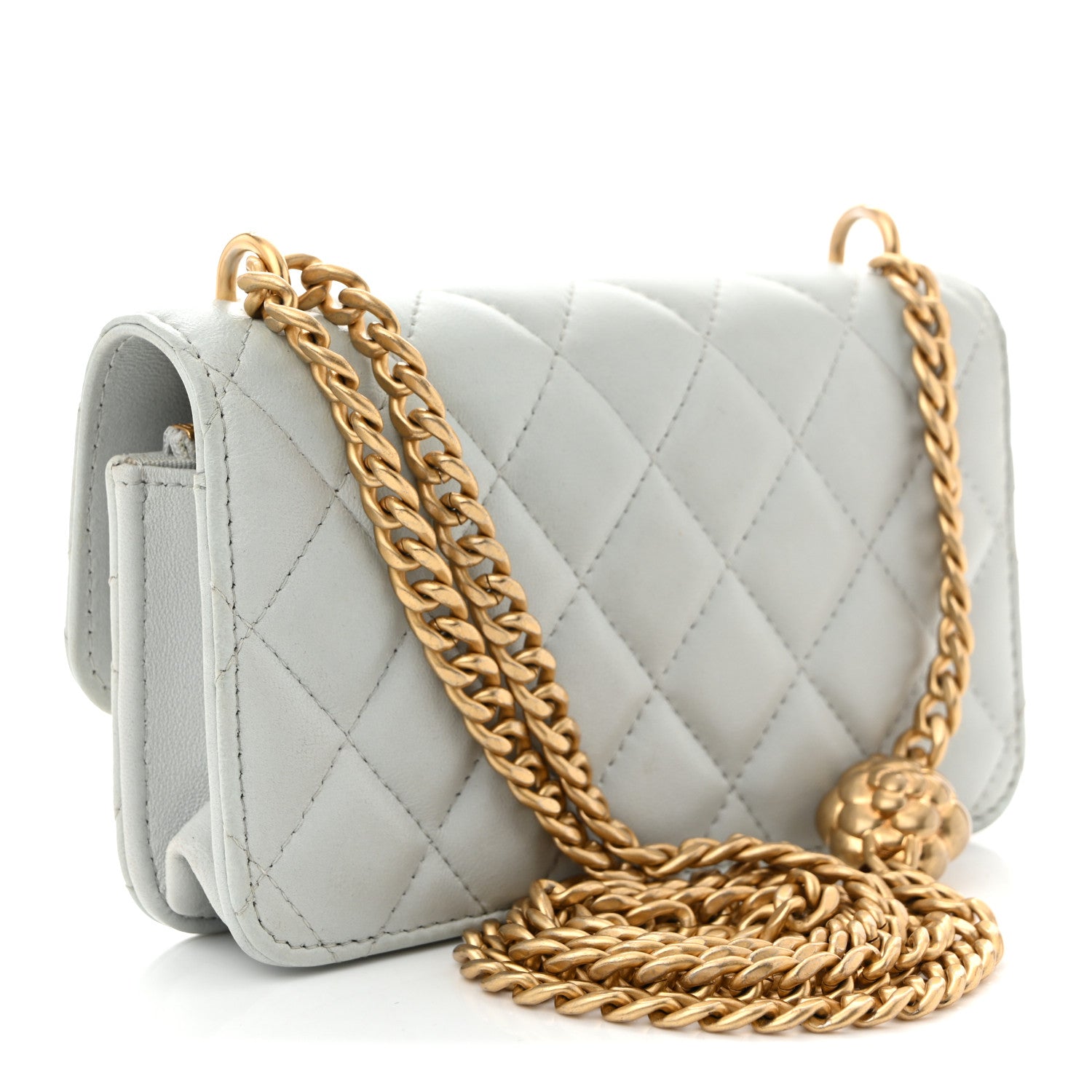 Chanel Lambskin Quilted Sweet Camellia Flap Phone Holder With Chain Light Blue 3 of 11