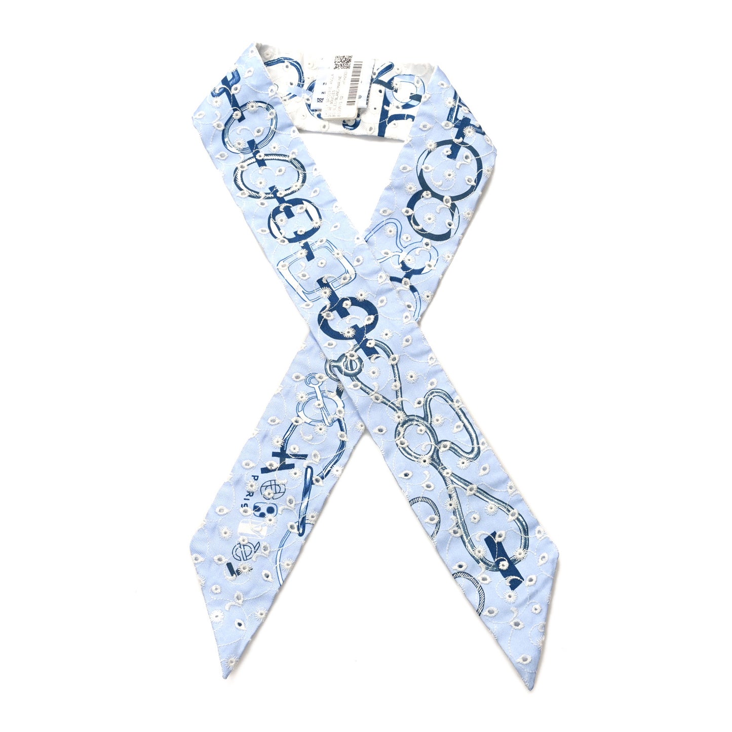Silk Embroidered Do Re Boucles Broderie Anglaise Twilly Bleu White Marine