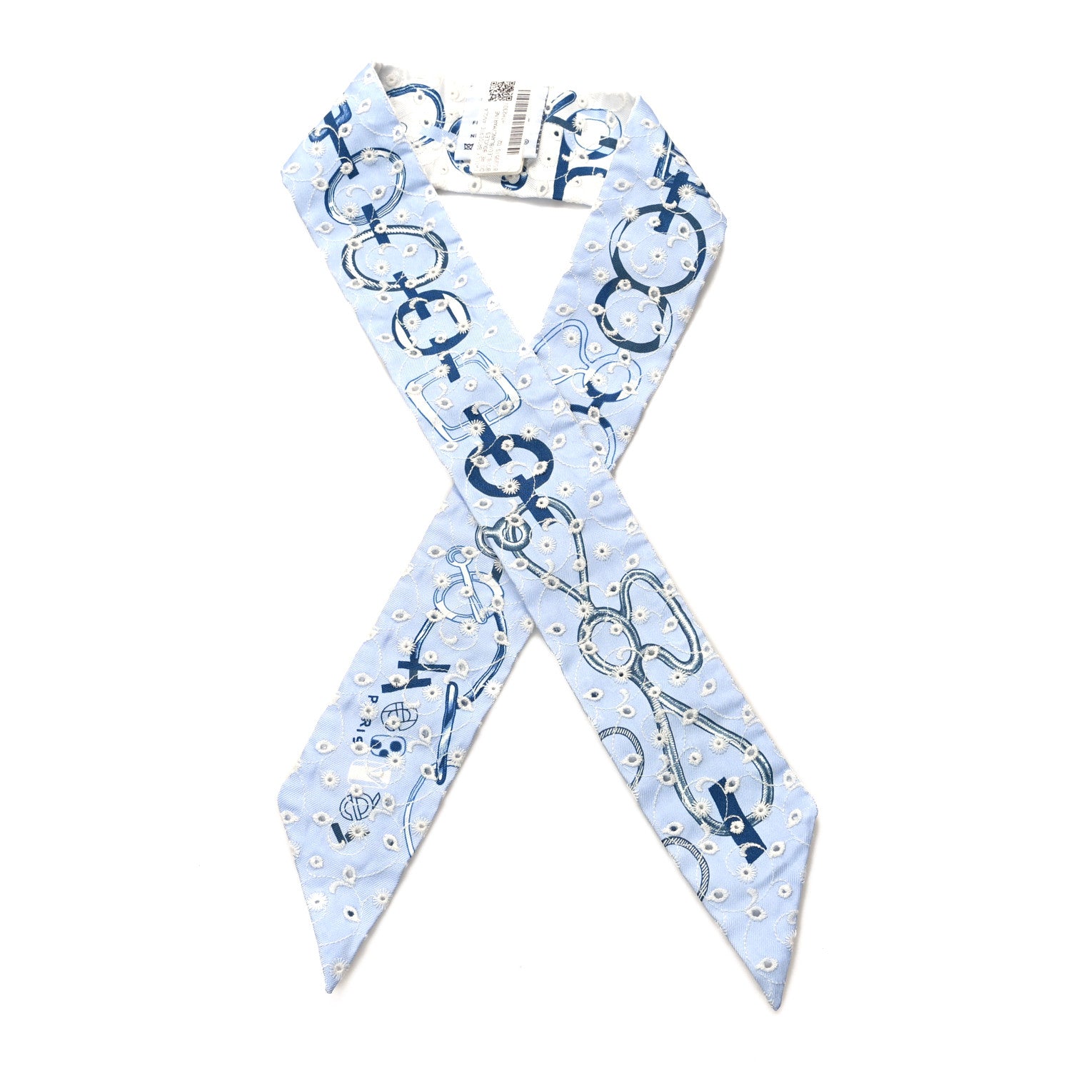 Hermes Silk Embroidered Do Re Boucles Broderie Anglaise Twilly Bleu White Marine 1 of 3
