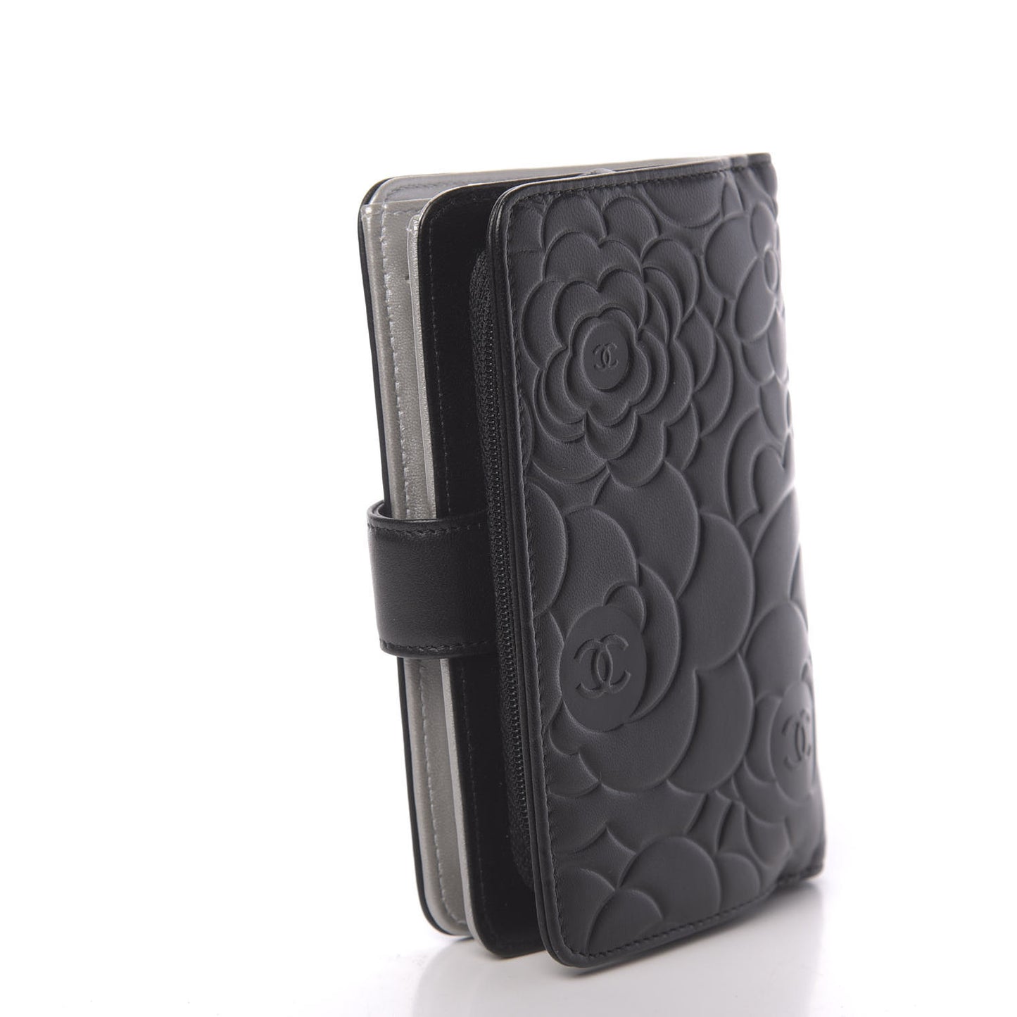 Lambskin Camellia Embossed Zipped Pocket Wallet Black