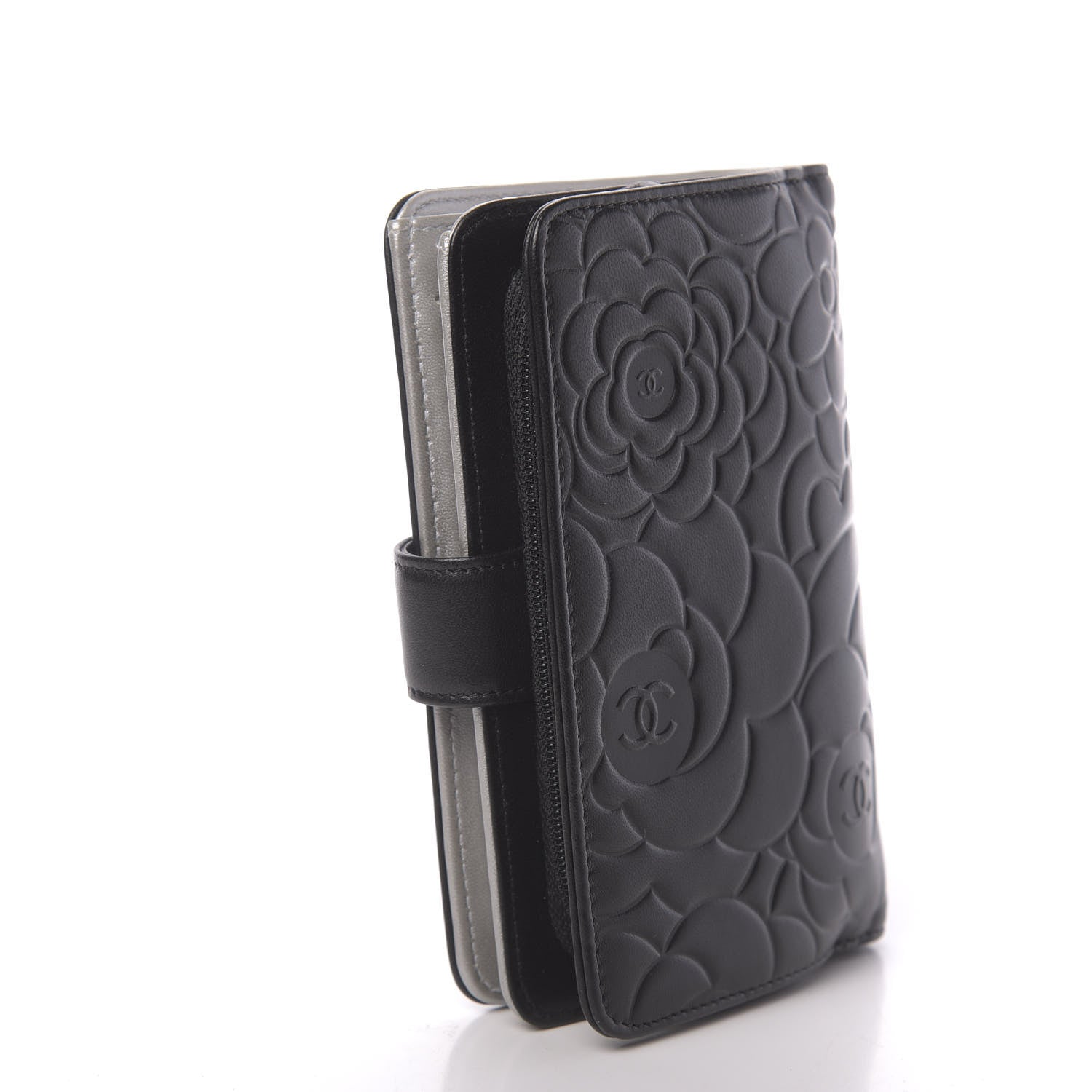 Chanel Lambskin Camellia Embossed Zipped Pocket Wallet Black 3 of 9