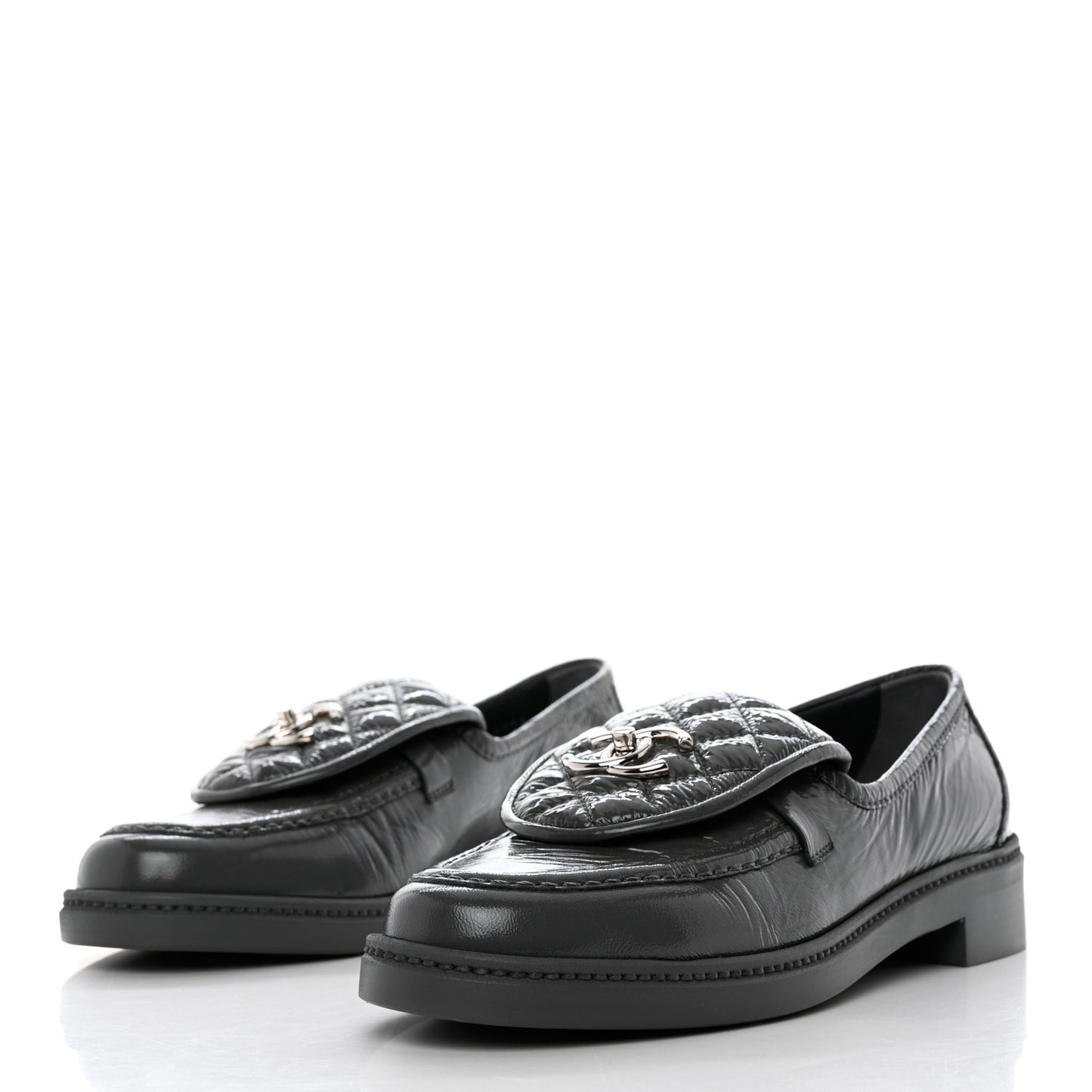 Crumpled Shiny Lambskin Quilted CC Turnlock Loafers 39.5 Dark Grey