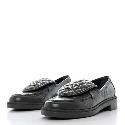 Chanel Crumpled Shiny Lambskin Quilted CC Turnlock Loafers 39.5 Dark Grey 3 of 9