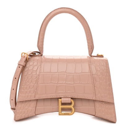 Balenciaga Shiny Calfskin Crocodile Embossed Small Hourglass Top Handle Bag Nude Beige 1 of 12