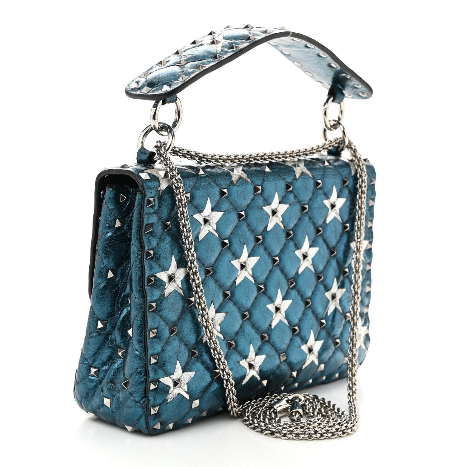 Valentino Garavani Metallic Wrinkled Lambskin Star Medium Rockstud Spike Shoulder Bag Peacock 3 of 9