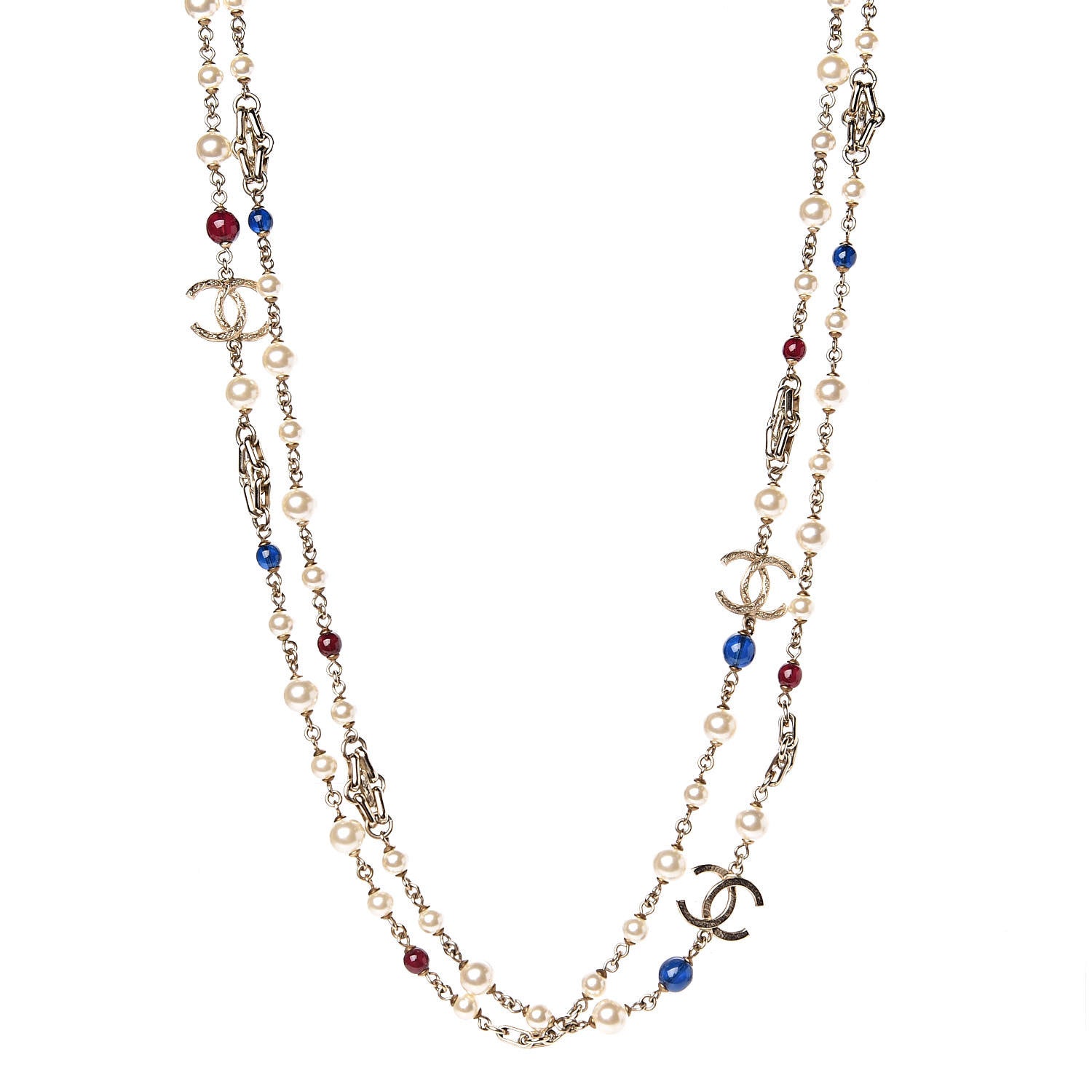 Chanel Pearl Resin Bead CC Long Necklace Gold Red Blue 1 of 5