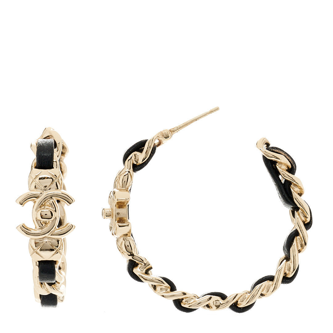 Metal Lambskin Quilted CC Turnlock Chain Hoop Earrings Gold Black