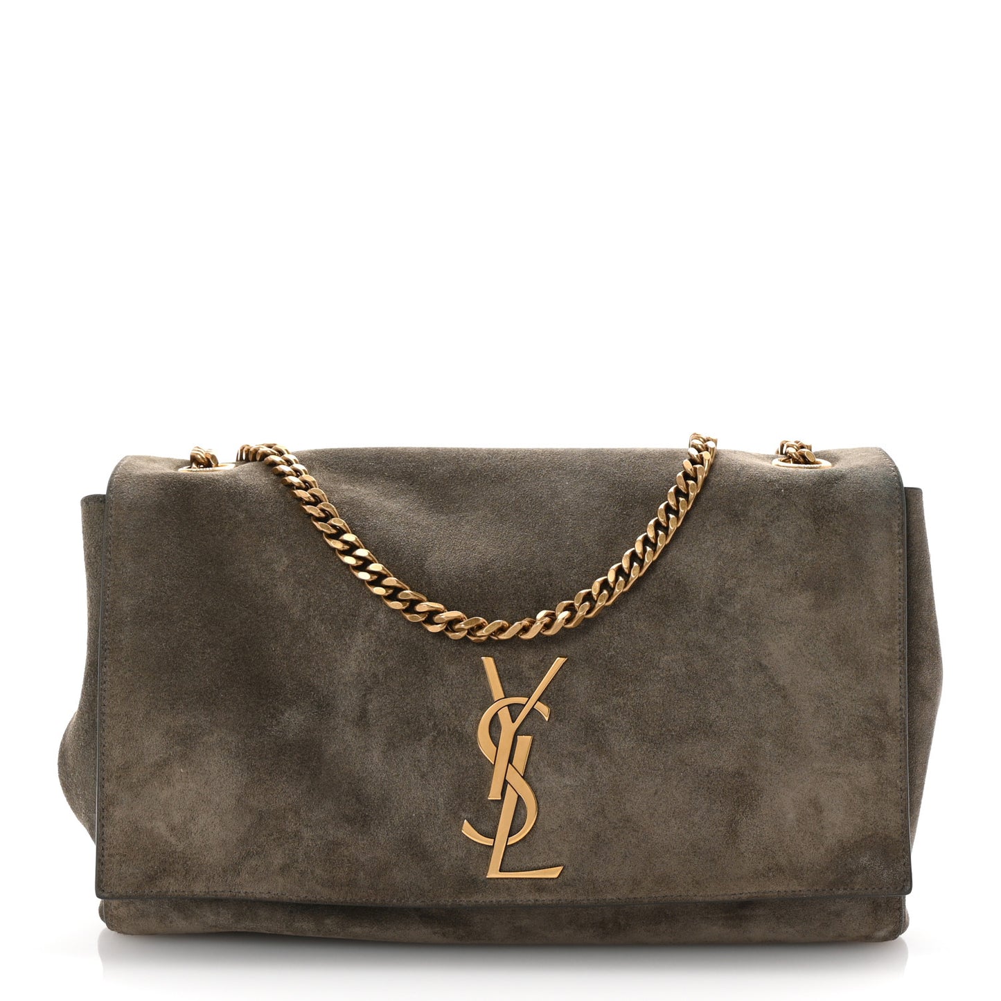 Smooth Calfskin Suede Medium Reversible Monogram Kate Satchel Taupe
