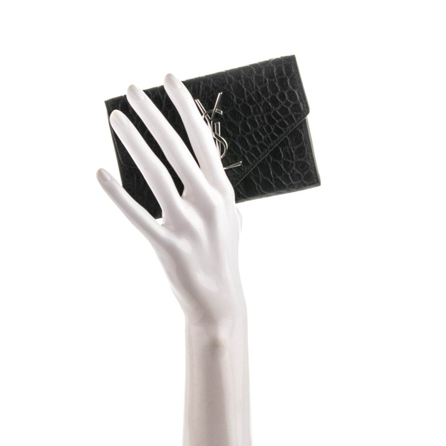 Saint Laurent Calfskin Crocodile Embossed Small Monogram Envelope Wallet Black 2 of 8