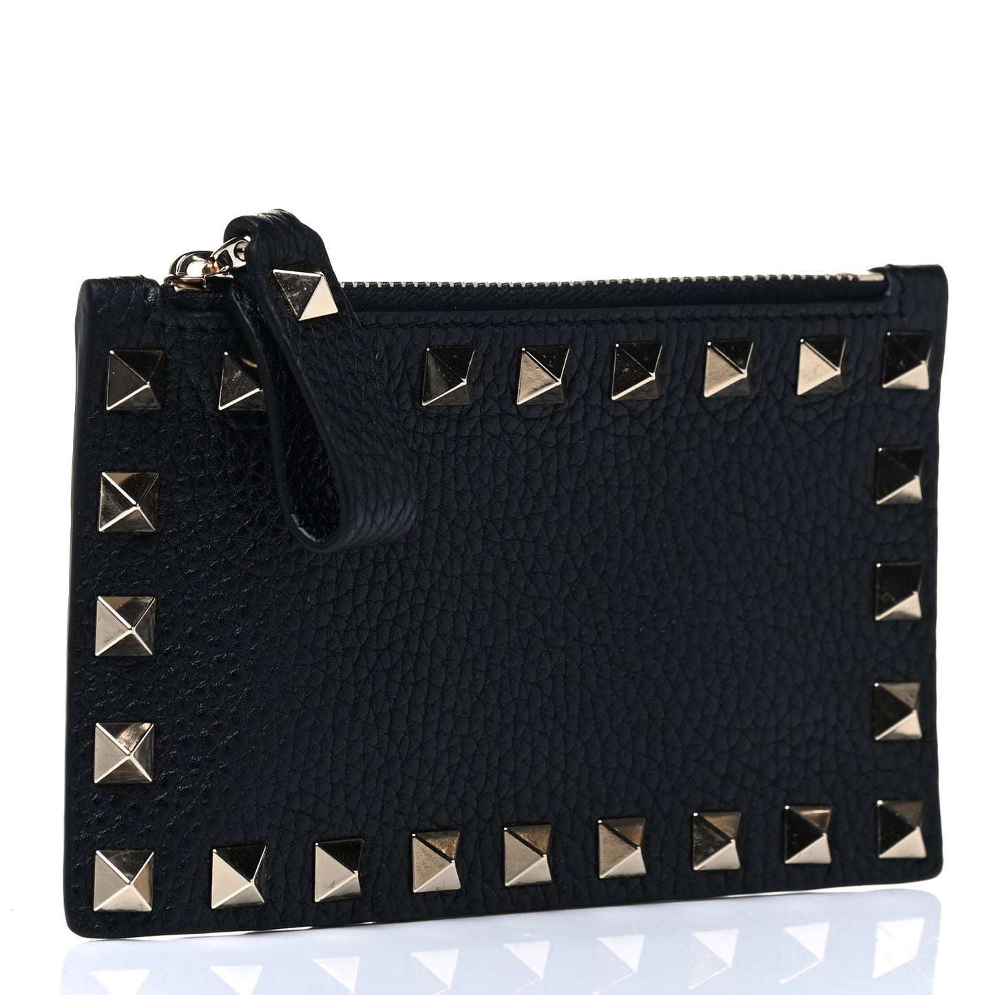 Pebbled Calfskin Rockstud Coin Case Card Holder Black
