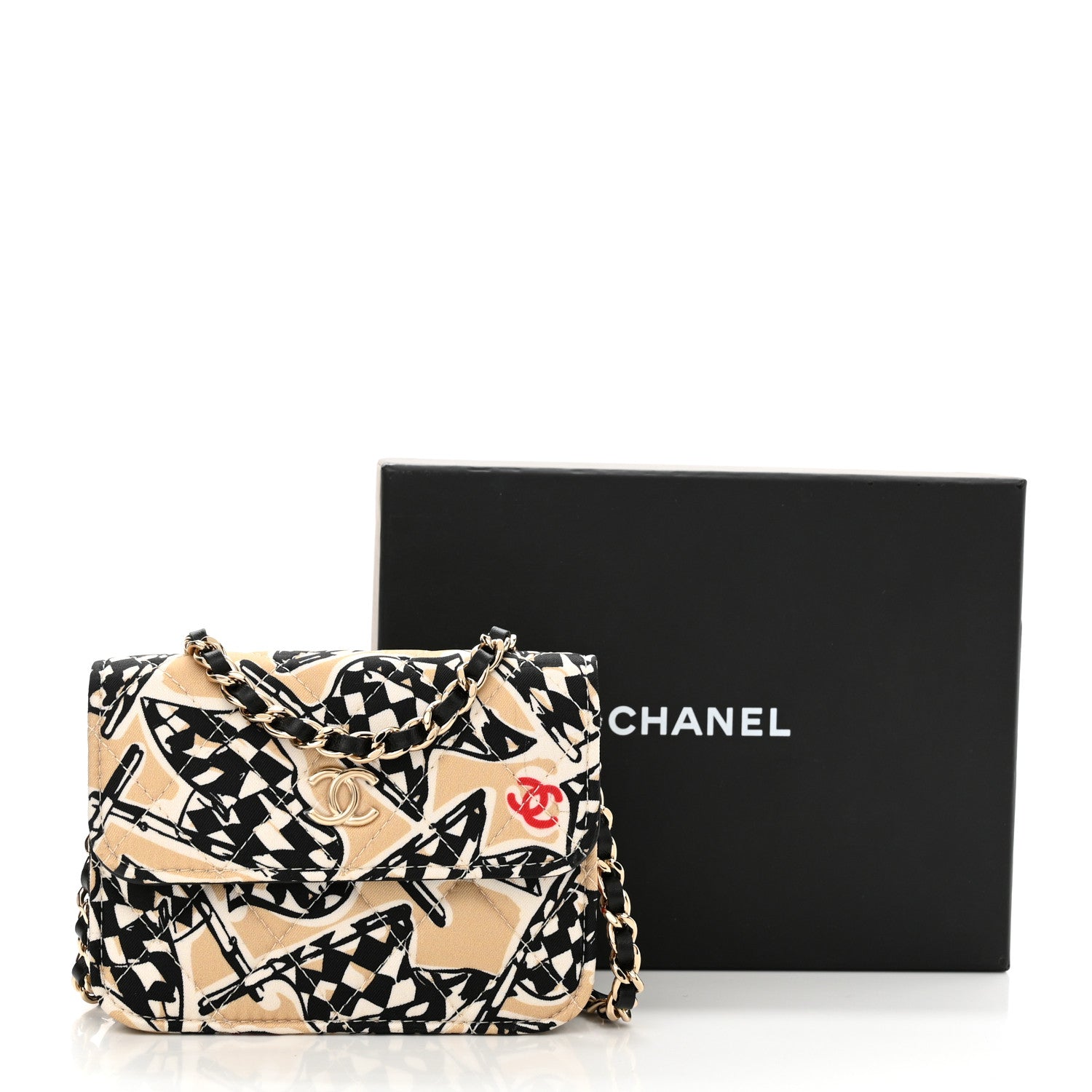 Chanel Canvas Check Flag Printed CC Clutch With Chain Beige Multicolor 12 of 12