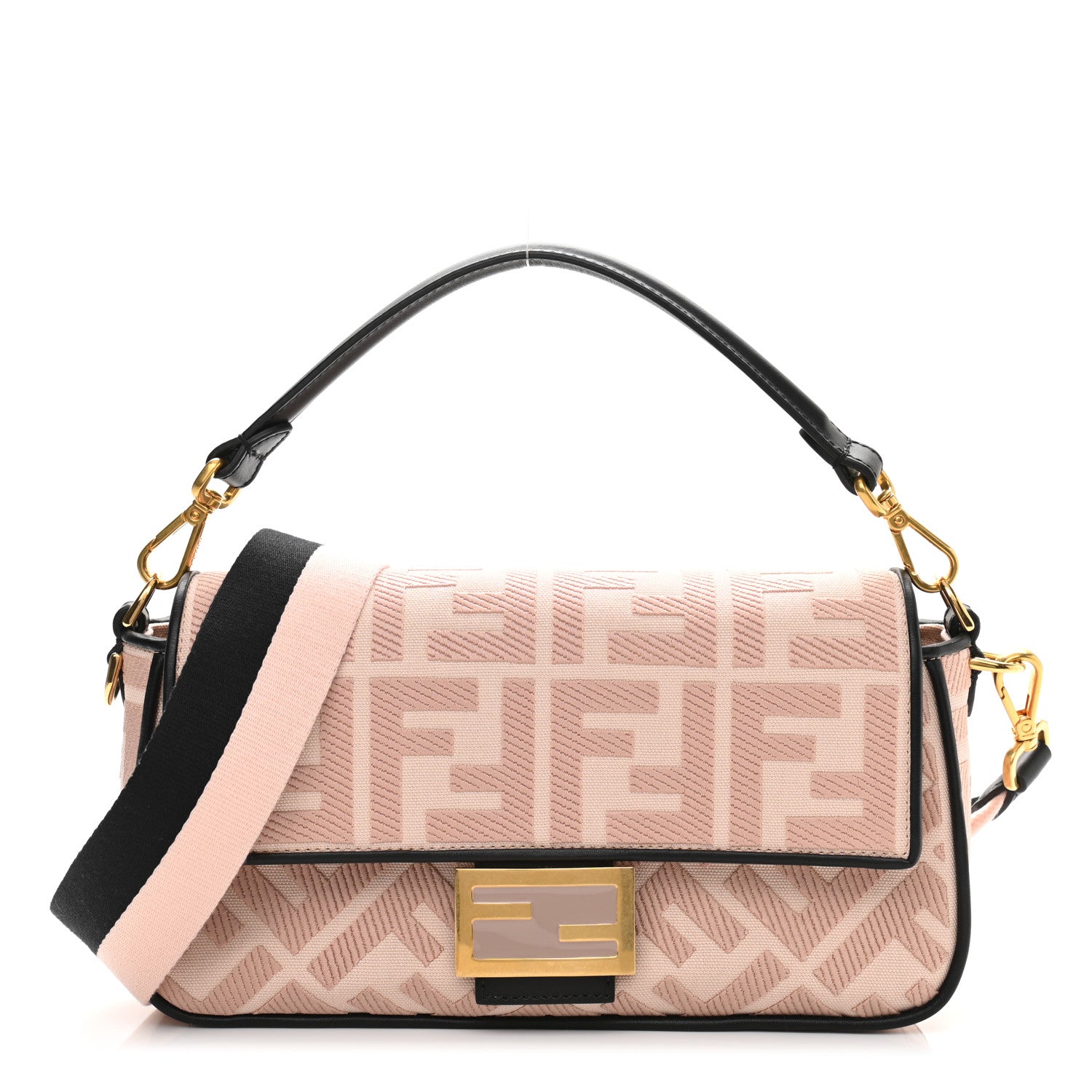 Fendi Canvas Vitello King FF Embroidered Baguette Rosa Quarzo Black 1 of 10
