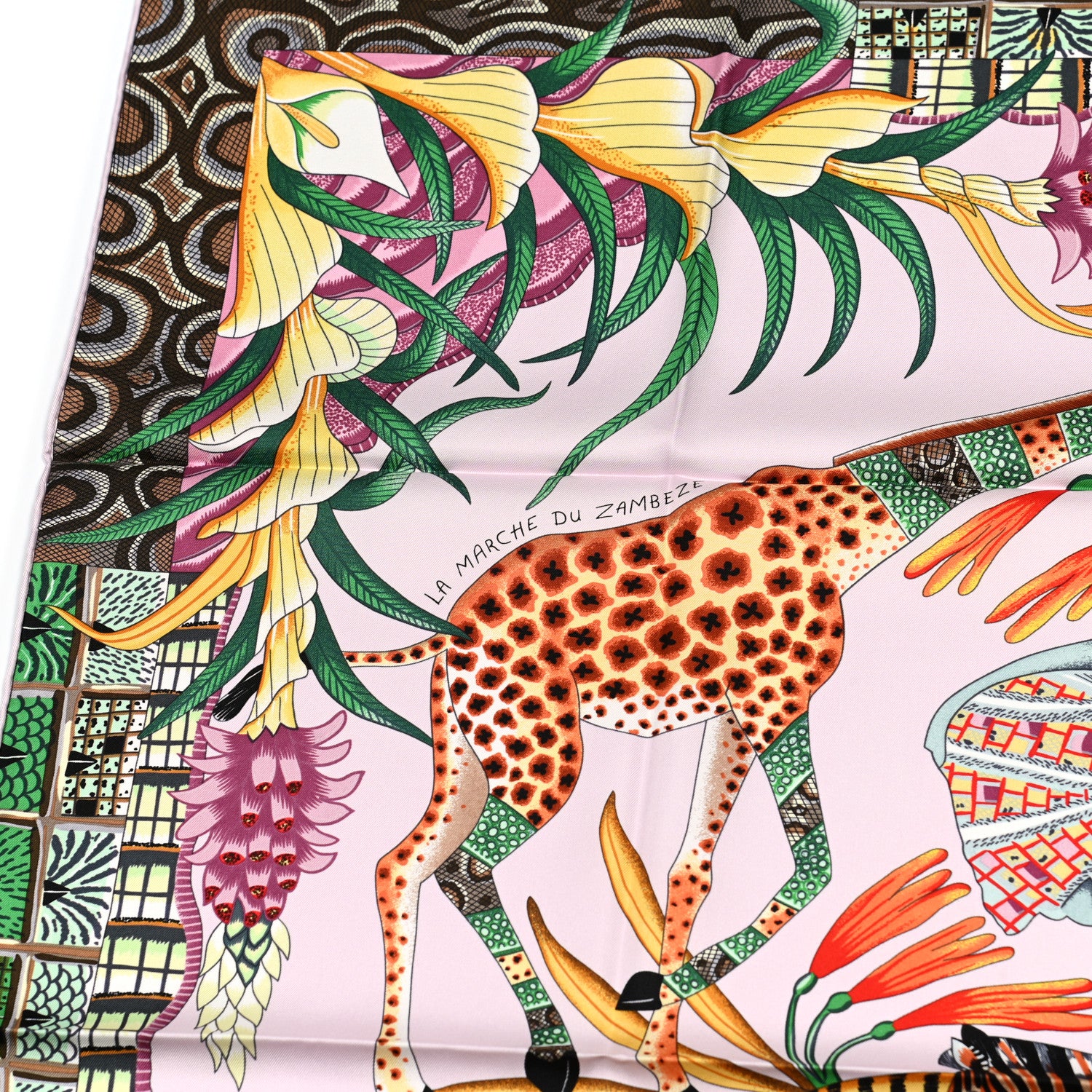 Hermes Silk La Marche Du Zambeze Scarf 90 Rose Pale Vert Jaune 3 of 6
