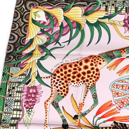 Hermes Silk La Marche Du Zambeze Scarf 90 Rose Pale Vert Jaune 3 of 6