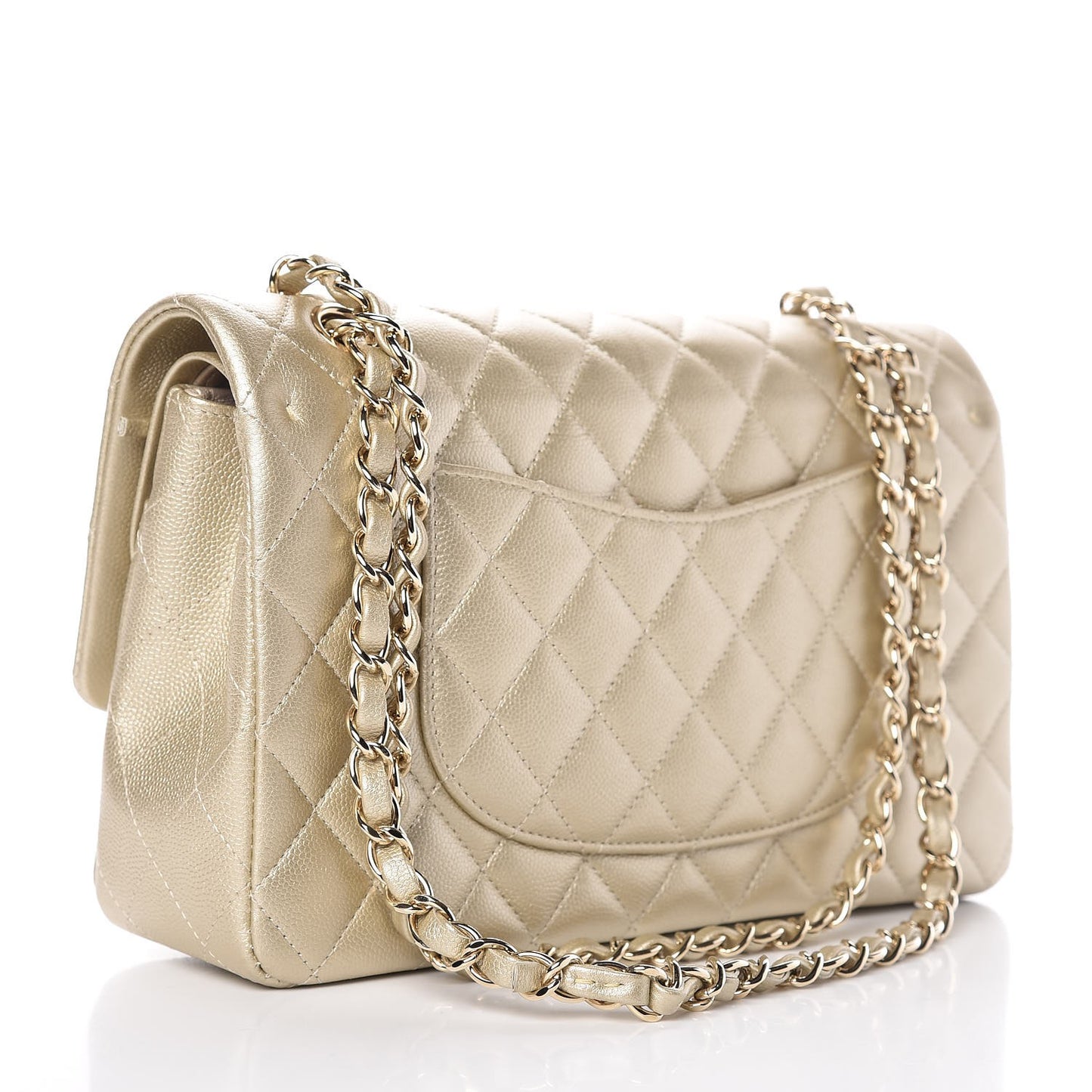 Metallic Caviar Quilted Medium Double Flap Light Gold