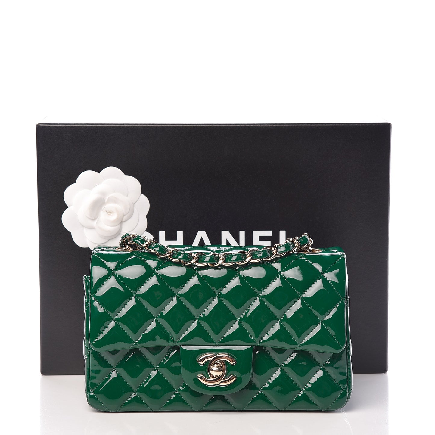 Patent Calfskin Quilted Mini Rectangular Flap Dark Green
