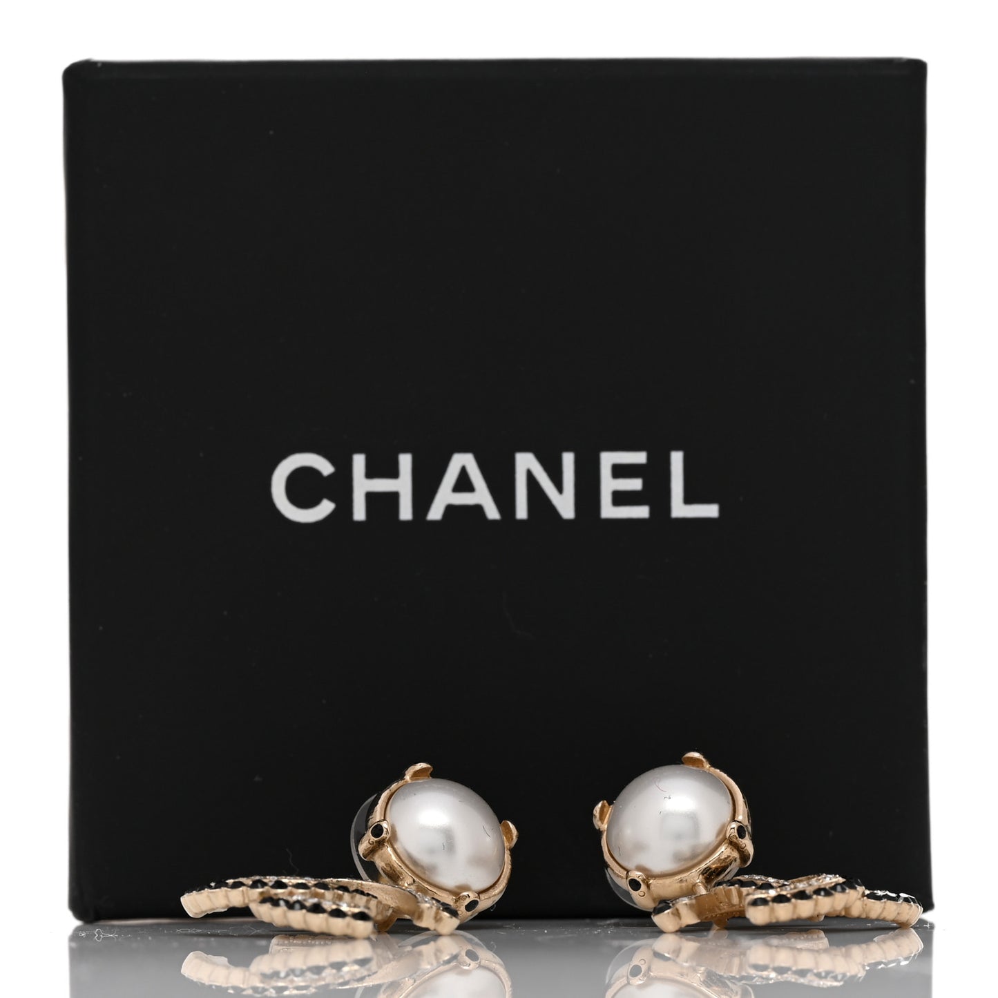 Pearl Crystal CC Drop Earrings Black Gold