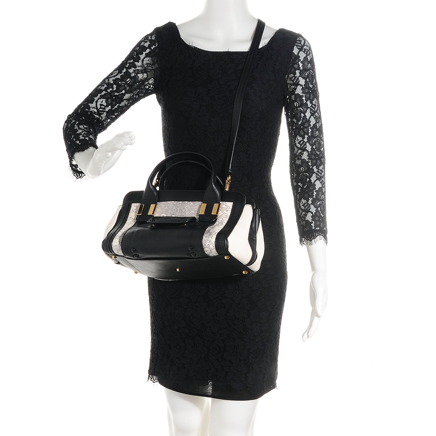 Chloe Calfskin Lizard Embossed Mini Alice Satchel Black White 2 of 9
