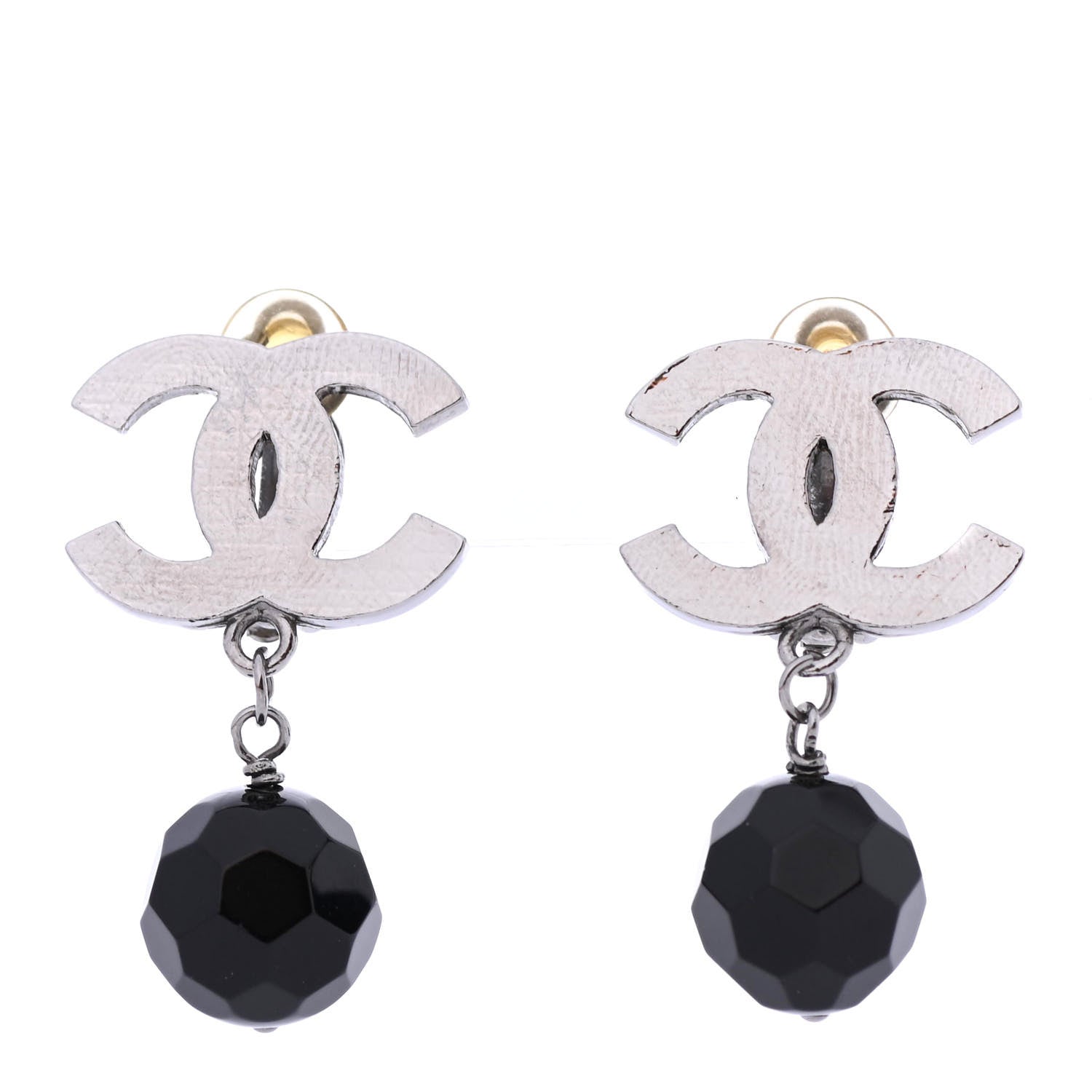Chanel Ruthenium CC Bead Drop Clip On Earrings Black 1 of 4