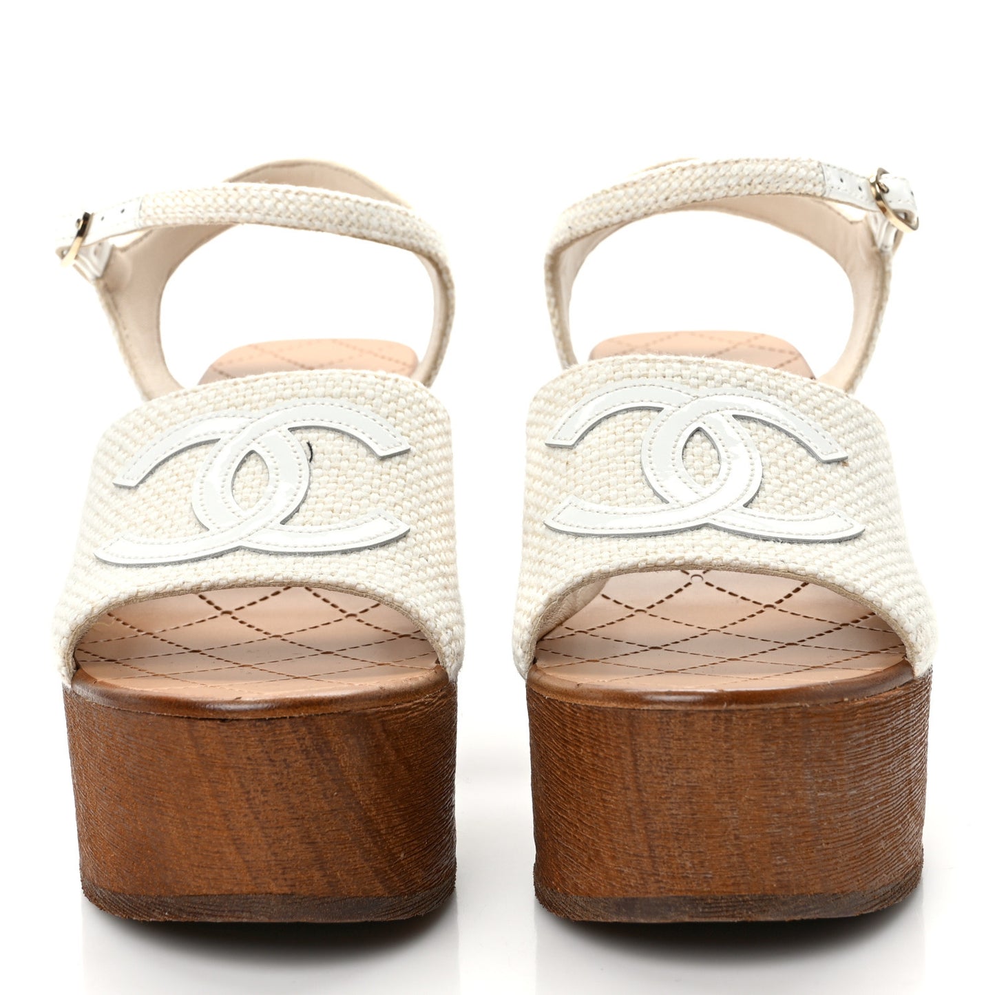 Fabric Patent Calfskin Platform Wedge Sandals 36 Ivory White