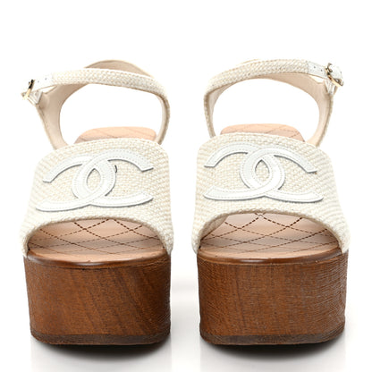 Chanel Fabric Patent Calfskin Platform Wedge Sandals 36 Ivory White 2 of 9