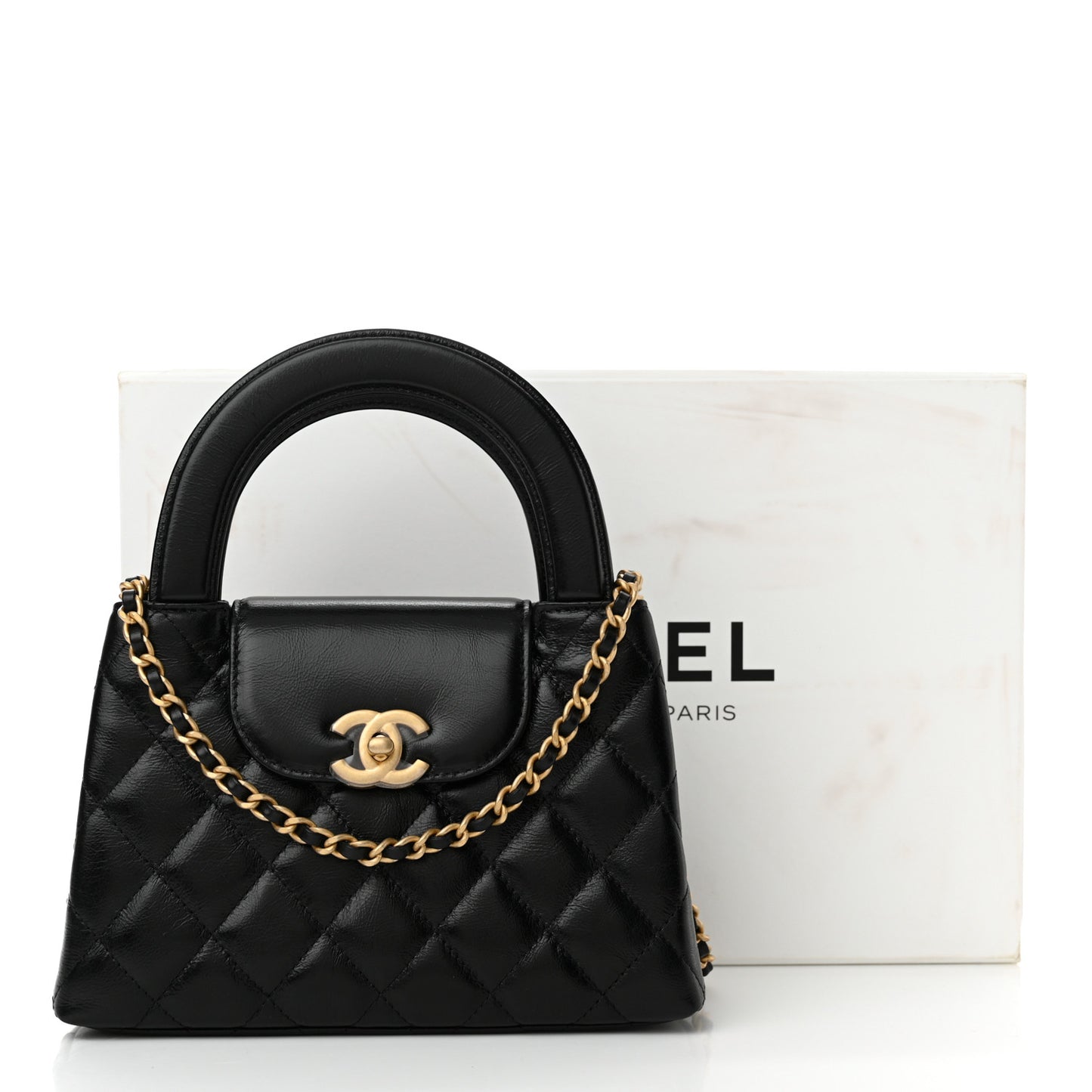 Shiny Aged Calfskin Quilted Nano Kelly Shopper Black
