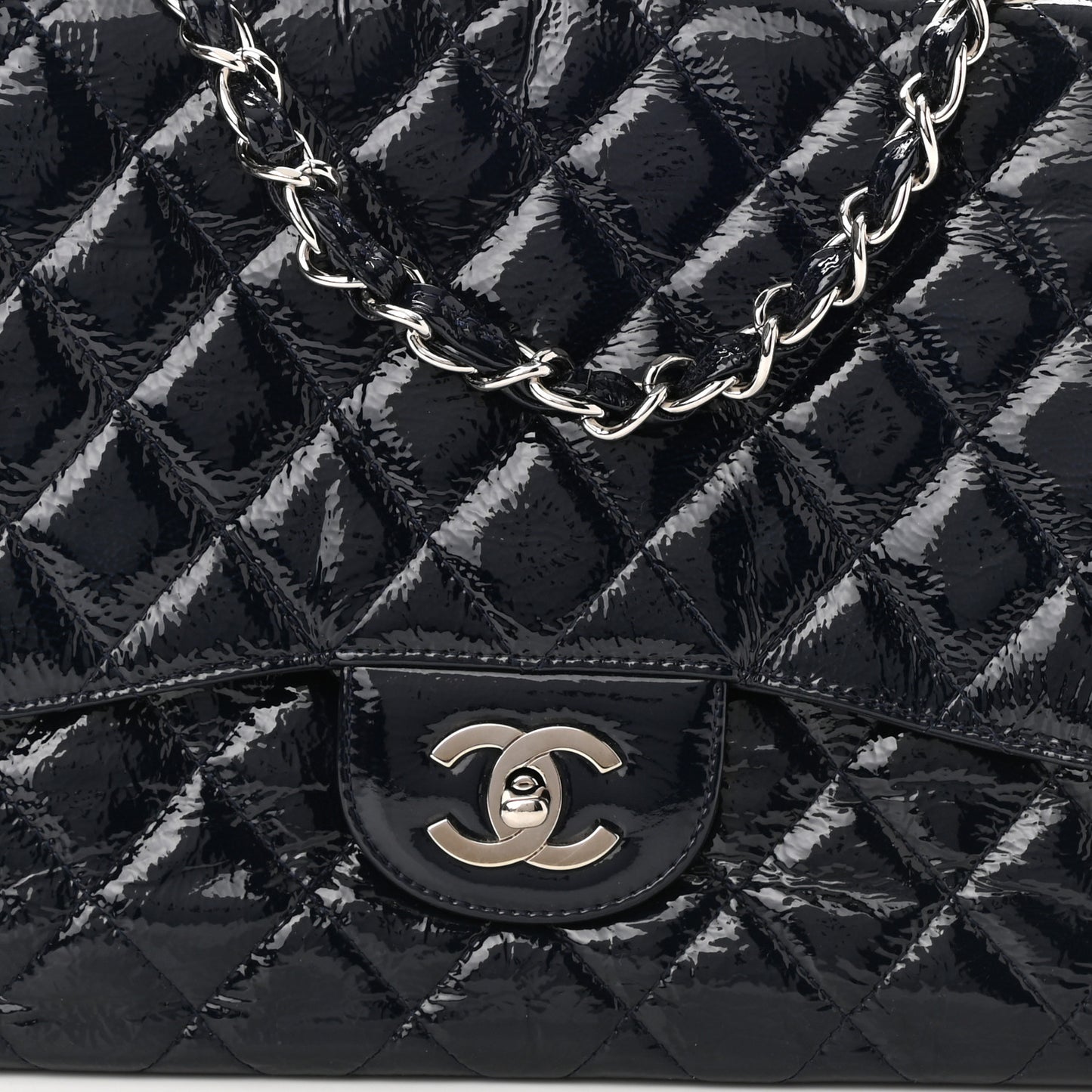 Crinkled Patent Quilted Jumbo Single Flap Dark Navy