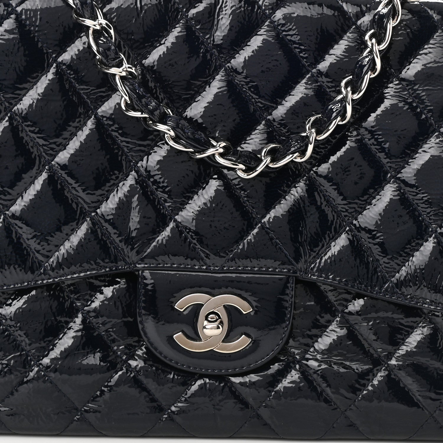 Chanel Crinkled Patent Quilted Jumbo Single Flap Dark Navy 8 of 10