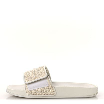 Jimmy Choo Canvas Pearl Embellished Fitz Slide Sandals 37 White 1 of 13