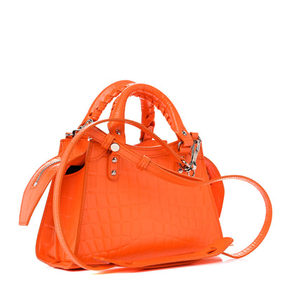 Balenciaga Semi Shiny Calfskin Crocodile Embossed Neo Classic Silver Hardware Mini City Orange 3 of 9
