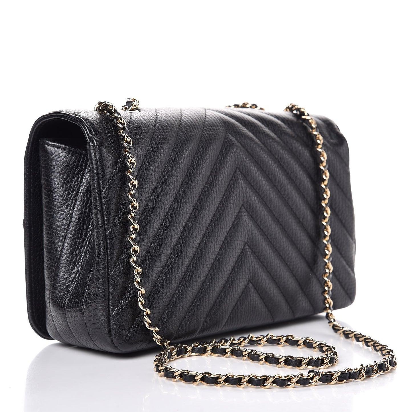 Metallic Calfskin Chevron Quilted Small Statement Flap Black