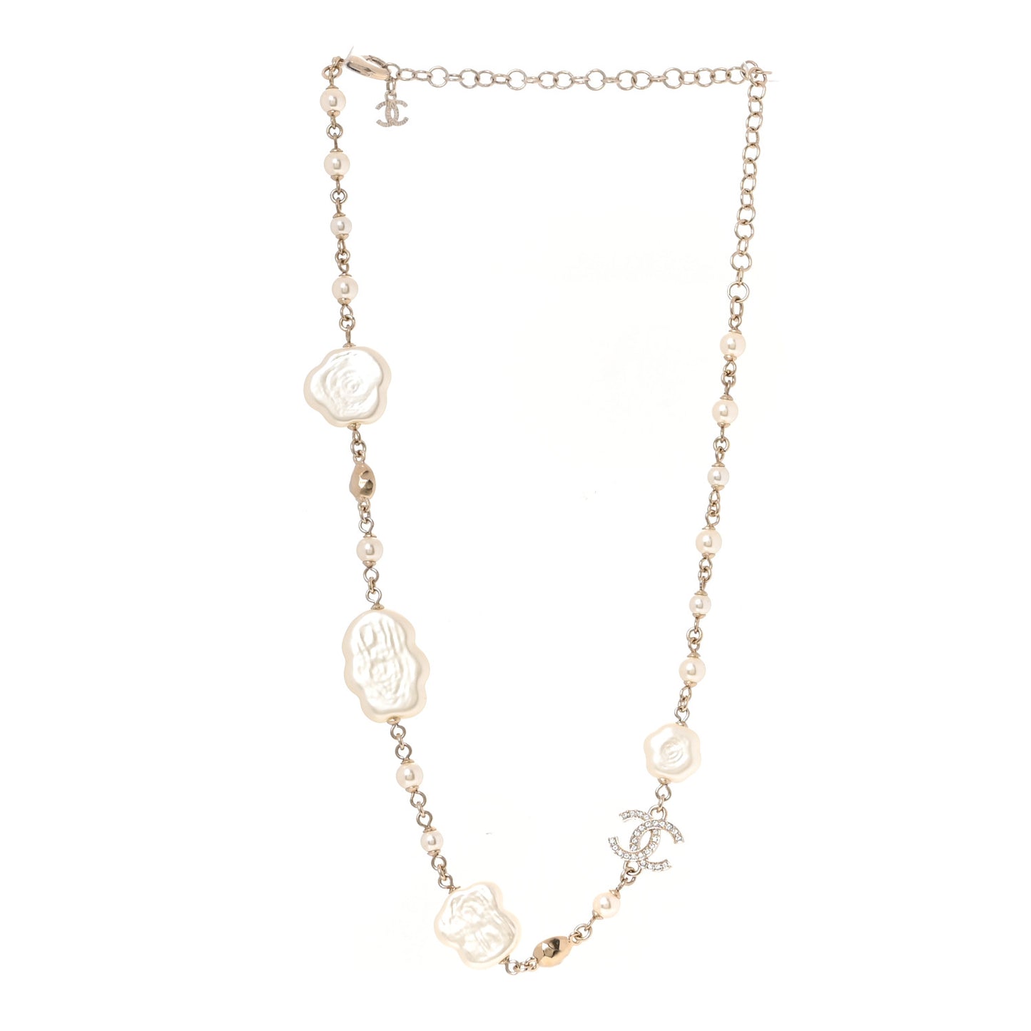 Pearl Crystal Camellia CC Necklace Gold