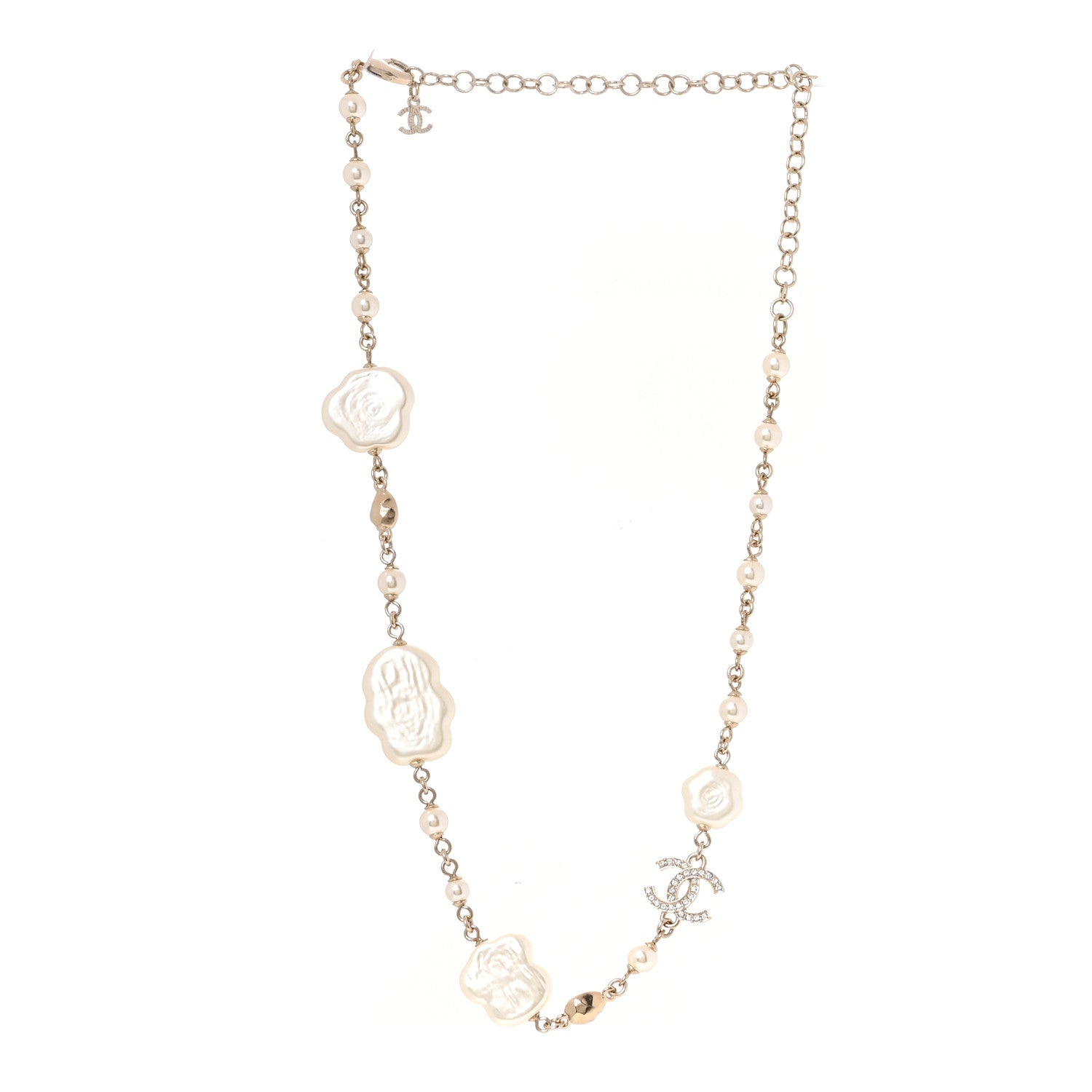 Chanel Pearl Crystal Camellia CC Necklace Gold 3 of 5