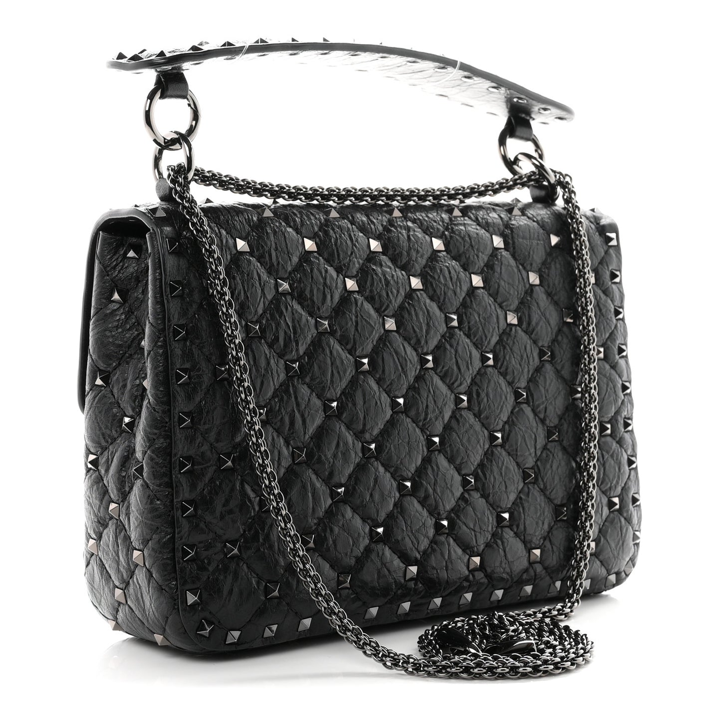 Craquele Nappa Medium Rockstud Spike Shoulder Bag Black