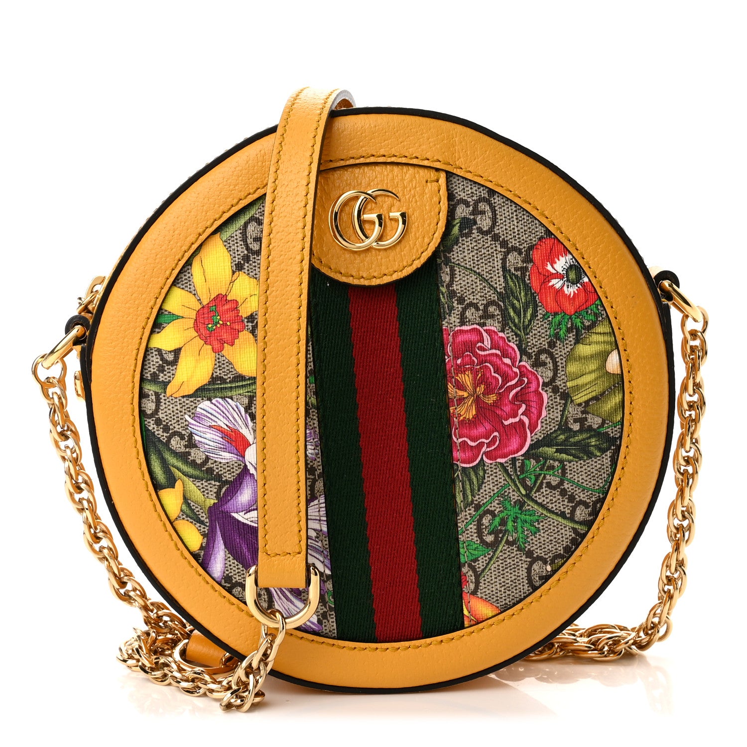 Gucci GG Supreme Monogram Flora Web Mini Ophidia Round Shoulder Bag Beige Multicolor Crop 1 of 11