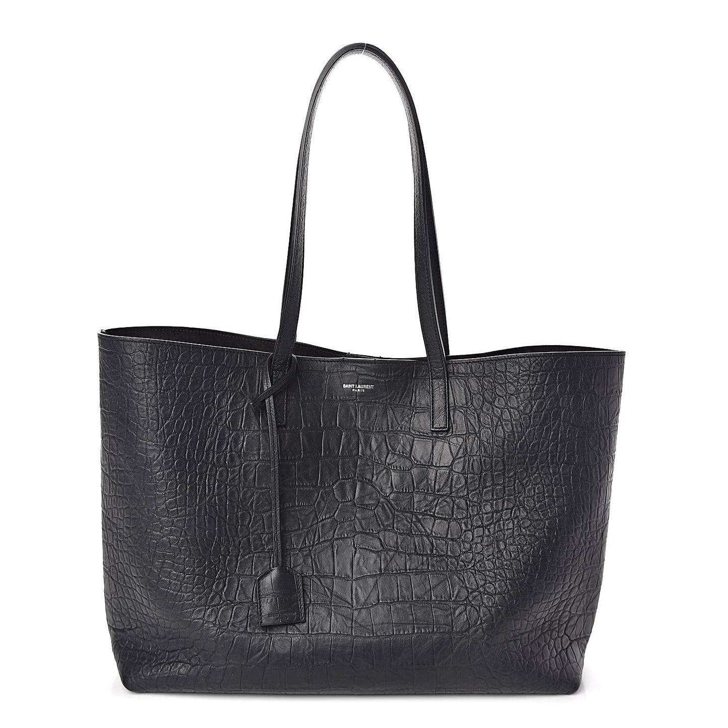 Calfskin Crocodile Embossed Large Shopper Tote Black